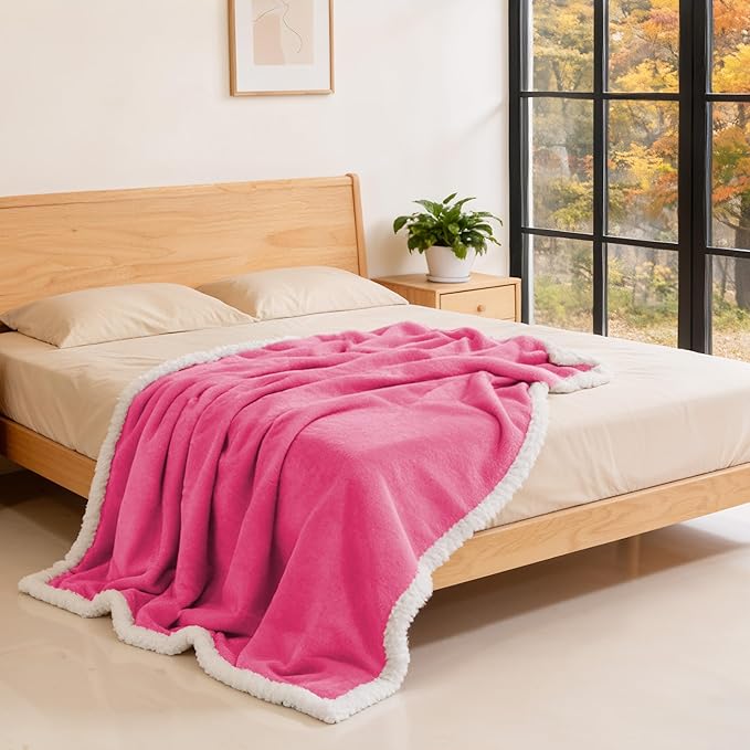 BEAUTEX Sherpa Fleece Throw Blankets, Soft Fluffy Flannel Plush Blanket and Throw, Fuzzy Cozy Pink Cuddle Blankets for Couch Bed Sofa Adults (50" x 60", Pink)