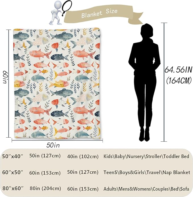 Watercolor Fish Blanket | Soft Warm Fuzzy Lightweight Flannel Throw Blanket Perfect for Couch, Bed, Decor, Travel & Outdoor Use, Cozy Blankets for Adults Kids Women Girls 80×60 in