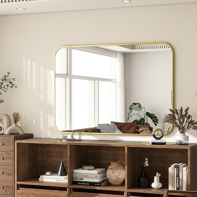 26×38 Inch Bathroom Mirror - Wall Mounted Vanity Mirror with Round Corner Aluminum Alloy Frame, Hanging Horizontally Vertically for Living Room, Bedroom, Hallway as Home Decor, Gold