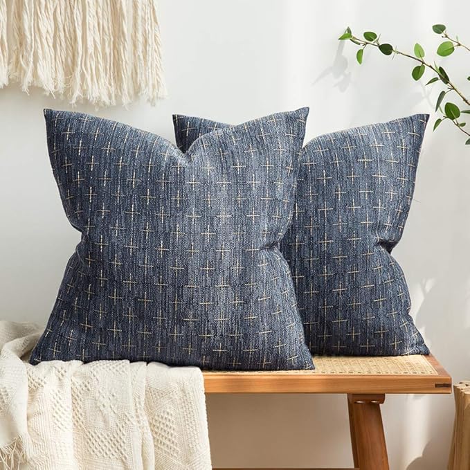 MIULEE Pack of 2 Decorative Burlap Linen Throw Pillow Covers Modern Farmhouse Vintage Pillowcase Rustic Woven Textured Cushion Cover for Sofa Couch Bed 18x18 Inch Blue