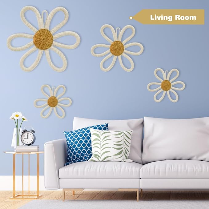 6 Pcs Boho Nursery Daisy Wall Decor, Woven Flowers Wall Hanging Art, Beige Boho Floral Room Decor with Lanyard for Office, Toddler Baby Little Girls Kids Home Bedroom Above Bed Decorations (Beige)