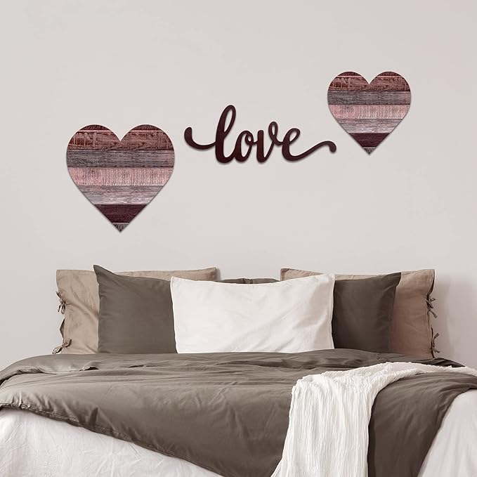 3 Pcs Wooden Hearts Decor Heart Wooden Sign Rustic Hanging Love Plaque for Wall Home Farmhouse Living Room Bedroom Gifts (Grey Purple)
