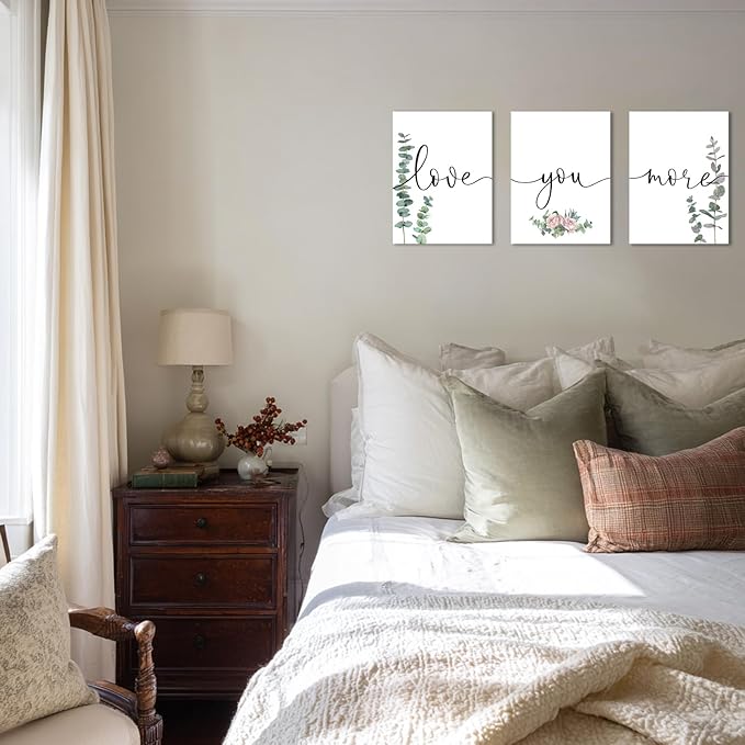 1 KINGO Love You More Wall Art: 12"x16"Love Quotes Bedroom Wall Decor Above Bed, Set of 3 Eucalyptus Wall Art Canvas Prints, Sage Green Botanical Decor for Modern Farmhouse Master Bedroom Living Room
