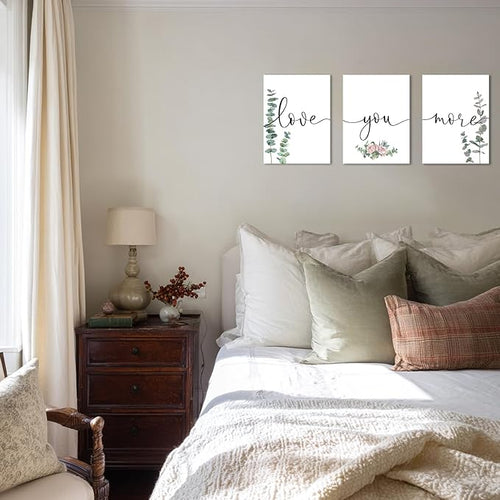 1 KINGO Love You More Wall Art: 12"x16"Love Quotes Bedroom Wall Decor Above Bed, Set of 3 Eucalyptus Wall Art Canvas Prints, Sage Green Botanical Decor for Modern Farmhouse Master Bedroom Living Room