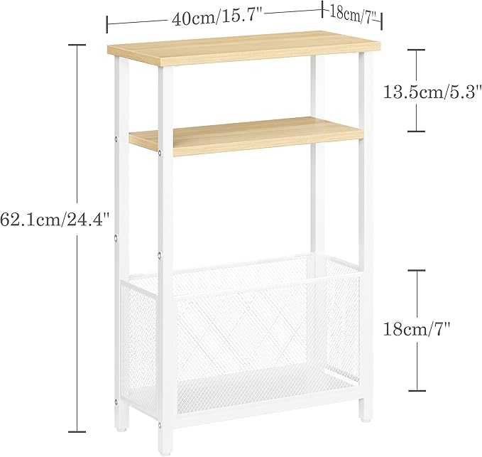 Narrow Side Table with Storage Basket Skinny End Tables for Smalls Spaces 3 Tier Sofa Table Small Nightstand Slim Bedside Table for Living Room Bedroom Natural Wood MLBZ22Y