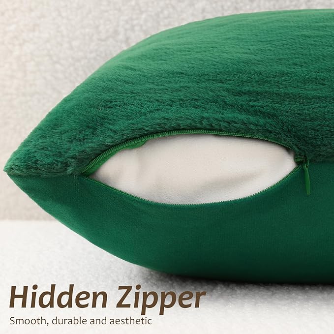 Pallene Faux Fur Plush Lumbar Throw Pillow Covers 12x20 Set of 2, Soft Fluffy Couch Pillow Covers for Living Room, Christmas Green