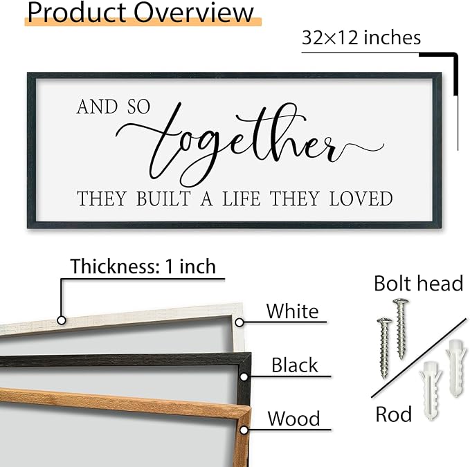 SRSZHIYUE And So Together They Built A Life They Loved Family Quotes Wall Decor 32"×12" Modern Minimalist Wedding Rustic Above Bed Bedroom Sign Large Wood Framed Wall Hanging (Black)
