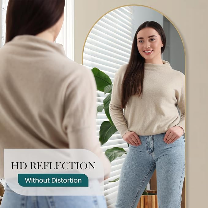 NEWBULIG Arched Full Length Mirror 71.1"x26" for Bedroom, Full Body Mirror with Stand, Hanging or Leaning for Wall, Aluminum Alloy Thin Frame Floor Standing for Living Room, Long, Classical Gold