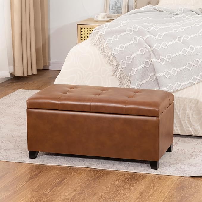 Homebeez 30" Faux Leather Storage Ottoman, End of Bed Bench, Upholstered Ottoman with Storage Bench for Living Room,Bedroom,Entryway
