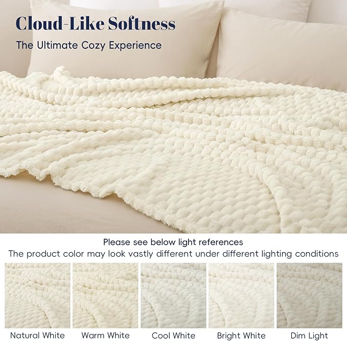 PHF Ultra Soft Flannel Fleece Blanket Twin Size, Lightweight 3D Jacquard Fleece Blanket, No Shedding, No Pilling, Luxury 340GSM Aesthetic Fluffy Cozy Bedding for Bed Room Decor, 66"x90", Cream