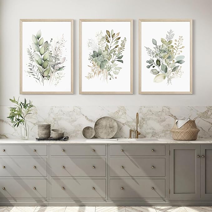 Watercolor Botanical Wall Art Set of 3 Boho Floral Canvas Wall Decor Prints Sage Green Wildflower Wall Art Modern Flower Pictures Botanical Painting for Bedroom Bathroom 12x16 Inch Wood Framed