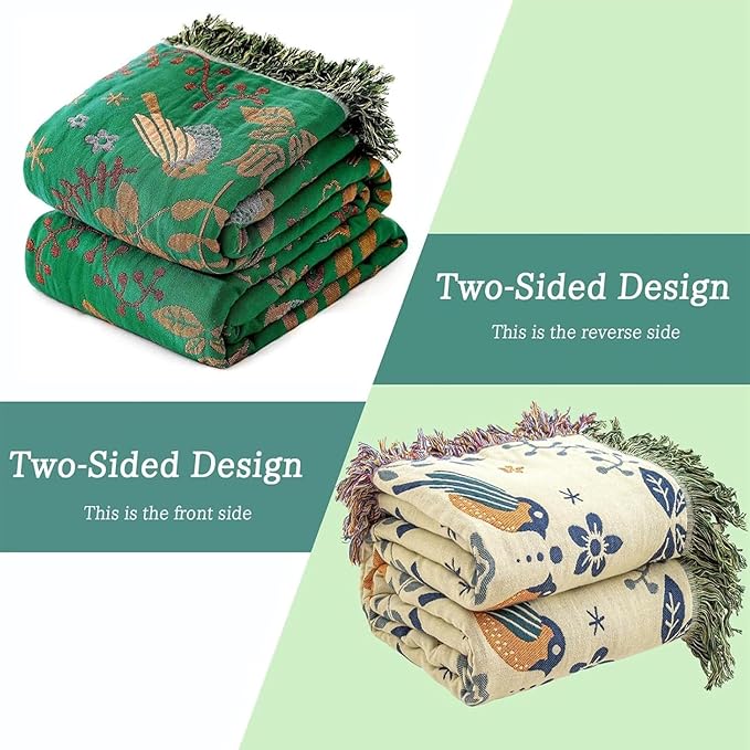 MSGKV Cotton Bed Blanket for Couch and Sofa Blankets for Living Room Bedroom Floral and Birds Throw 80"x90" Spring Breathable Cozy Boho Blankets