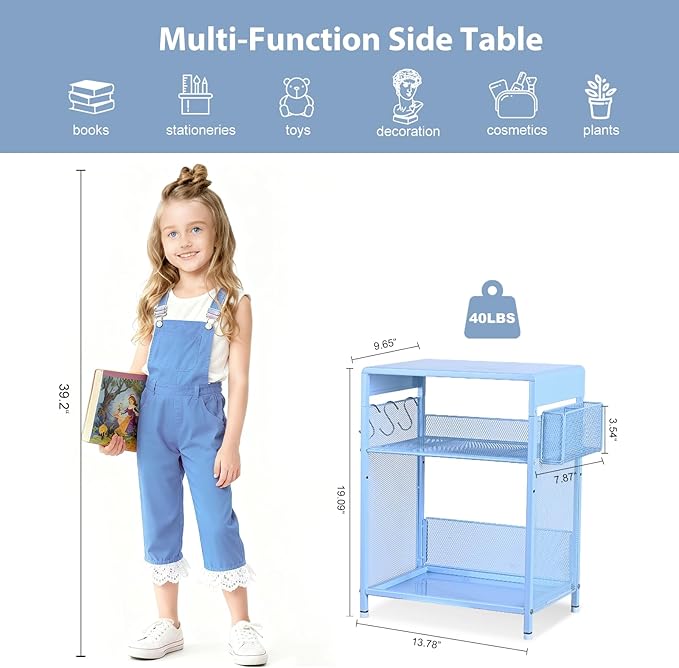 Kids Nightstand, 3-Tier Metal Side Table with Adjustable Storage Shelf, Basket & 3 S-Hooks, Small Bedside Table for Nursery, Toddler Bedroom and Small Spaces (Blue)
