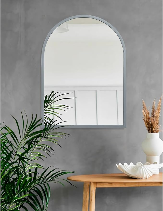 Arch Wall Mirror Bathroom Mirror Metal Framed Mirrors, Arched Wall Mounted Vanity Mirror for Bedroom Entryway Living Room 26"x18" Gray