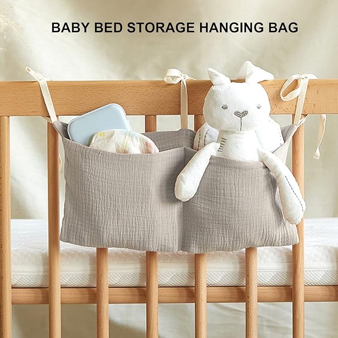 Diaper Caddy, Pure Cotton Cloth Baby Bedside Hanging Storage Bag Diaper Stacker Crib Organizer Hanging for Crib 2 Pockets Adjustable Strap Organizer for Baby Cribs and Toys (Beige)