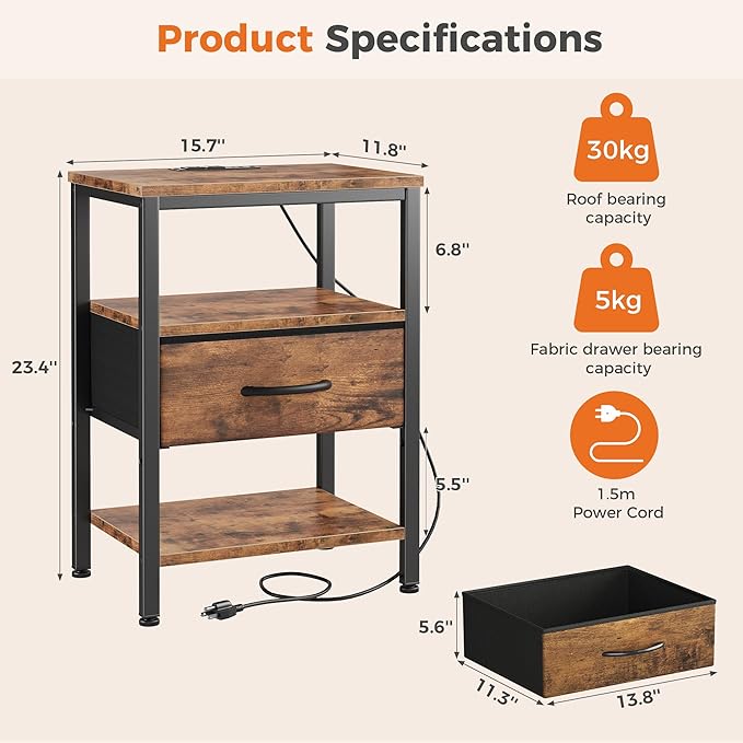 DUMOS Bedside Table with Charging Station and Adjustable Fabric Drawer Compact Nightstand 3-Tier Storage Organizer End Table for Bedroom,Brown