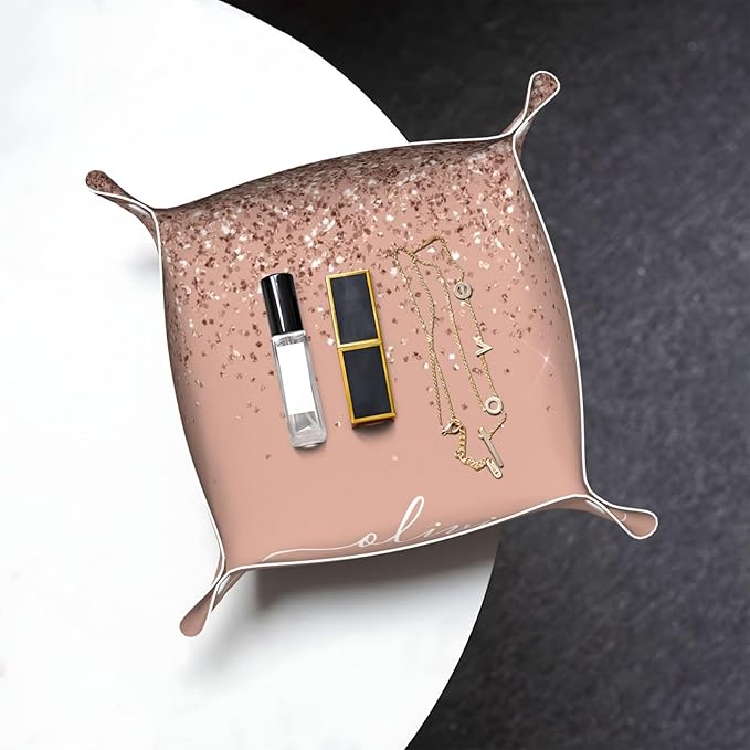 Blush Pink Rose Gold Glitter Leather Vanity Tray Desktop Storage Organizer, Decorative Catchall Perfume Tray, Bathroom Valet Tray,Nightstand Caddy Holder for Keys Phone Wallet Coin Jewelry, S