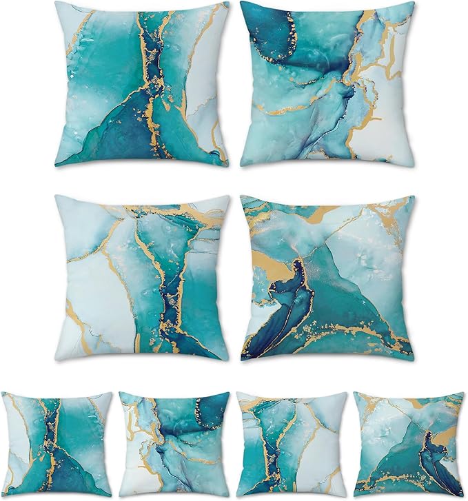 Bonhause Turquoise Marble Throw Pillow Covers 16x16 Inch Set of 4 Two-Sided Teal Gold Abstract Art Modern Decorative Pillows Case Soft Velvet Outdoor Cushion Covers for Couch Sofa Bed Home Decor