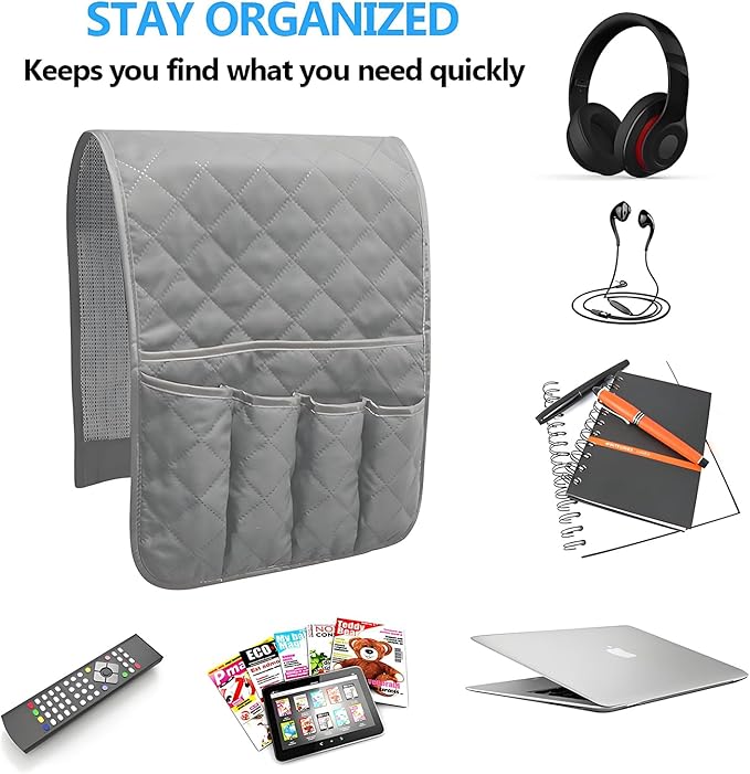Sofa Armrest Organizer Non-Slip Arm Chair Bedside Caddy Storage Organizer for Recliner Couch with 5 Pockets for Cell Phone TV Remote Control Magazines (Grey)