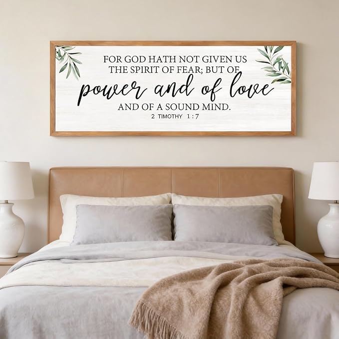 For God Hath Not Given Us the Spirit of Fear Wall Art – 40x15 Inch Framed Bible Verse Decor, 2 Timothy 1:7 Christian Wall Decor, Large Scripture Wall Art for Living Room Bedroom, Natural