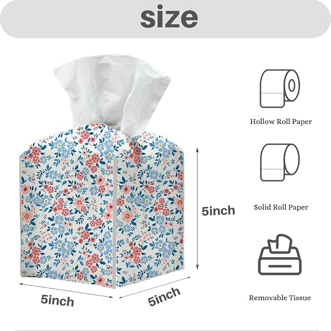 Tissue Box Cover, Tissue Box Holder, Square with Belt Bottom, PU Leather Decorative Organizer for Desk, Tabletop, Countertop Bathroom, Toilet Car, Dresser Kitchen, Aesthetic Pink Blue Flower Decor