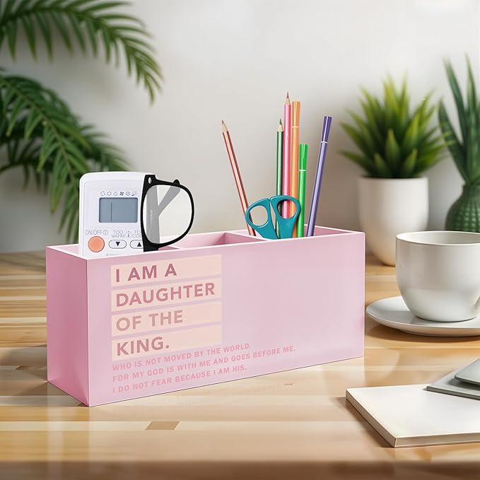 Pink Christian Makeup Brush Holder, Daughter of the King Bible Verses Pen Holder Organizer for Dorm Bedroom Desk Accessories, Pink Preppy Toothbrush Holders for Girly Bathroom