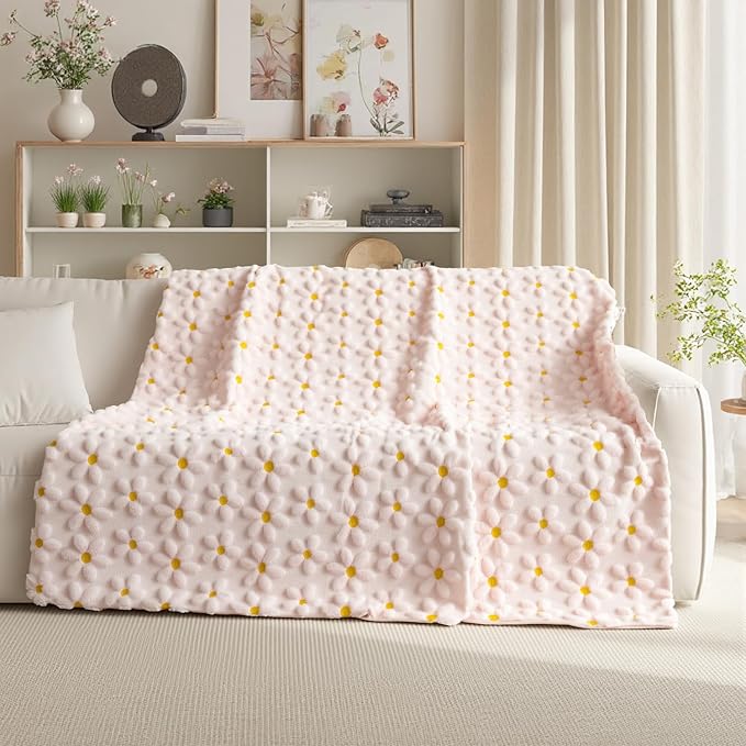 Horaldaily Spring Summer Throw Blanket, Pink Daisy Soft Fuzzy Plush Faux Fur Cozy Blankets for Couch Sofa Bed Lounging, Ideal Gifts for Kids Adults Wife Self, 60x80