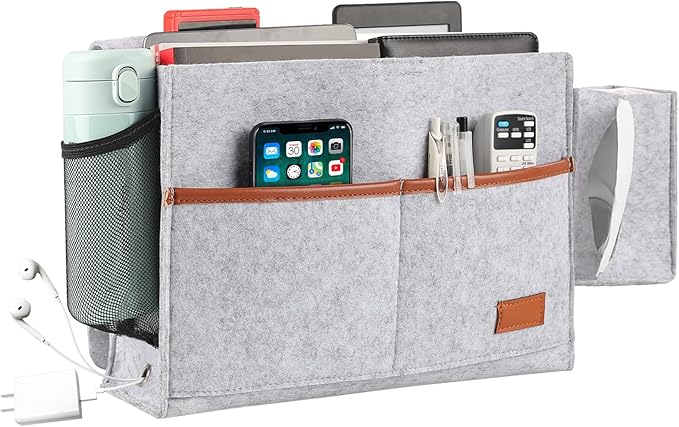 Surblue Bedside Caddy Felt Bed Storage Organizer Hanging Bag with Tissue Box and Water Bottle Pocket for Mattress, Sofa, Bunk Bed, Light Gray