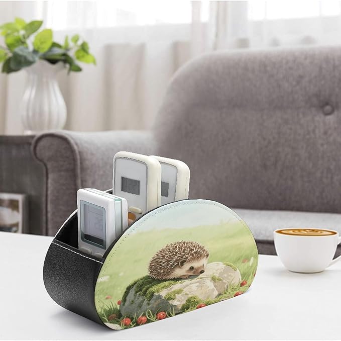 Cute Hedgehog Remote Control Holder Organizer Box with 5 Compartment PU Leather Bedside Storage Caddy Remote Organizer for Controller Media Player Pen/Pencil Storage
