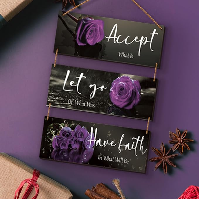 ZINYAZHE 3 Pcs Purple Bathroom Decor Inspirational Wall Decor Wooden Rose Wall Art Bedroom Wall Art With Accept Let Go Have Faith Quotes For Girl Women Office Living Room(Purple 10 x 4 Inch)