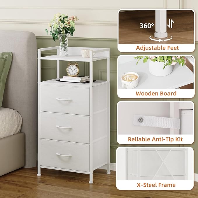 Somdot Nightstand with 3 Drawers, Dresser with Fabric Bins for Bedroom, Hallway, Entryway, Night Stand Bedside Table Furniture, Sturdy Steel Frame, Wooden Top, Easy Pull Fabric Bins, White Leather