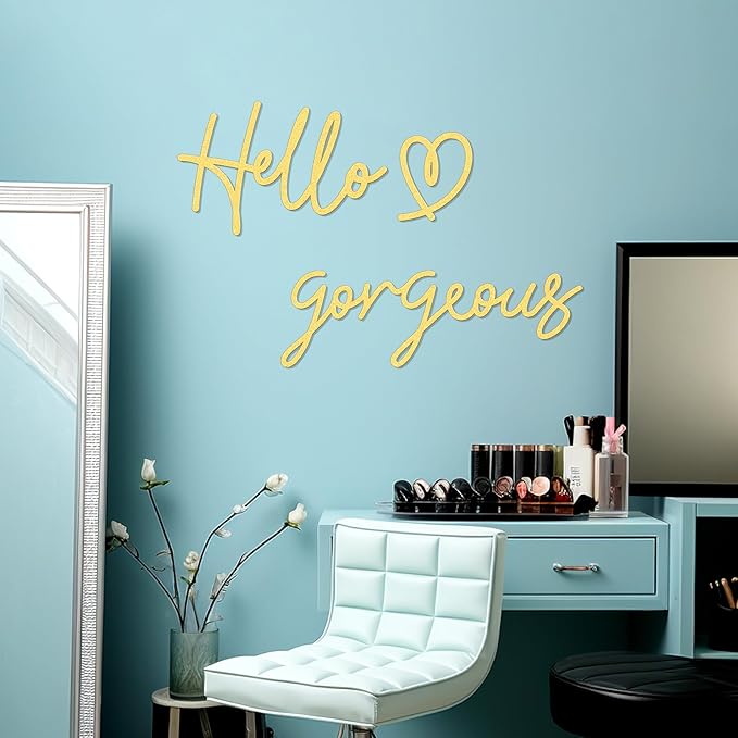 Bnesi Hello Gorgeous Heart Sign Wall Decor Gold Office Decor Modern Hello Gorgeous Elegant Metal Wall Art Decor for Bathroom, Bedroom, Lash room (Gold, Medium)