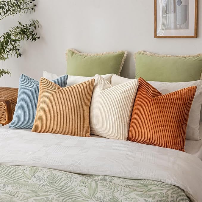 LANANAS Neutral Couch Throw Pillow Covers 18x18 Inch Set of 4 Decorative Farmhouse Boho Throw Pillows for Living Room, Couch, Bed, Sofa Soft Corduroy Accent Home Decor (Cream-Orange, 18x18 Inch)