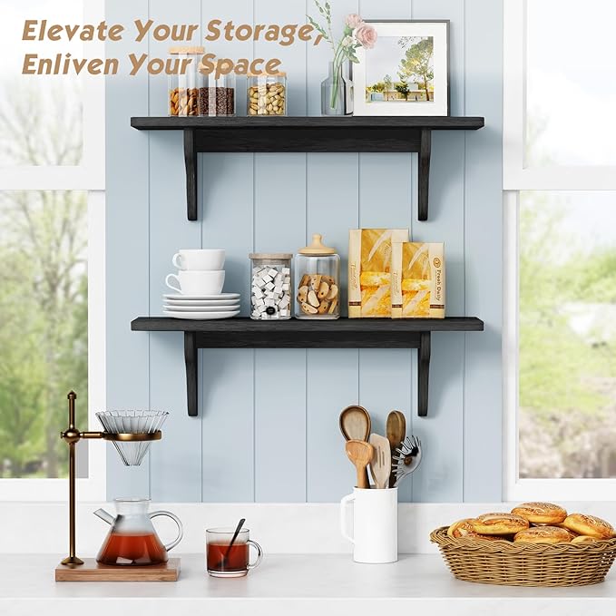 Forbena Wall Mounted Shelves for Bedroom 24 Inches Long, 8 Inch Deep Floating Shelves for Wall, Large Hanging Arched Shelf for Kids Bathroom Living Room Office Decor Plants Books (3-Pack, Black)