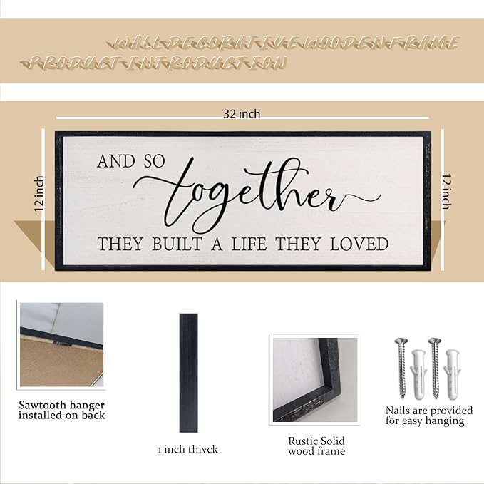 comurdyo Love Quote Wall Art And So Together They Built A Life They Loved Sign 32×12 Inch for Master Bedroom Over the Bed Living Room Farmhouse Rustic Wood Framed Wall Hanging Decor (Black)