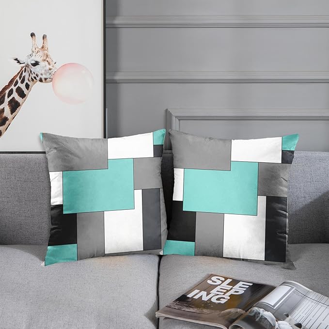 Emvency Set of 2 Teal Geometric Throw Pillow Cover Black Grey White Painting Abstract Checkered Design Decorative Pillow Case Modern Home Decor Standard Square 18x18 Inch Cushion Pillowcase