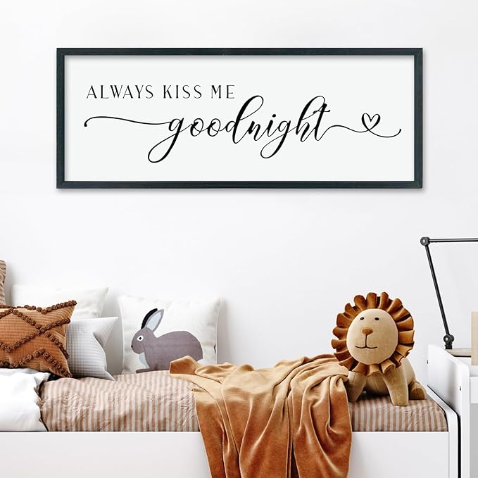 comurdyo Romantic Couple Always Kiss Me Goodnight Sign 40"×15" for Large Modern Rustic Love Theme Master Bedroom Above bed Wood Frame Horizontal Hanging Wall Art Decor (Black)