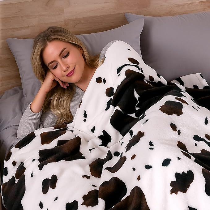 Cozy Bliss Cow Print Throw Blanket for Bed - Fuzzy Thick Soft Warm Fleece Blankets for Couch & Bed, for Women Men Girls Kids, Dark Brown Twin Size 60"*80"