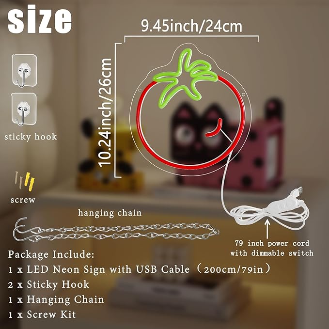 Tomato Neon Sign for Wall Decor,Cute Fruit LED Neon Light 9.4 * 10.2 inch Dimmable USB Kawaii Small Vegetables Tomato Light Up Sign for Boys Girls Room Restaurant Birthday Party barn