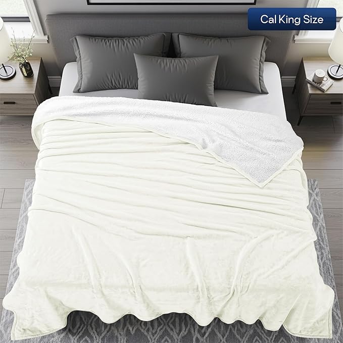 Utopia Bedding Sherpa Blanket California King Size (Ivory, 102x96 Inches) - Soft Plush Fleece Reversible Blanket for Bed, Sofa, Couch, Camping and Travel
