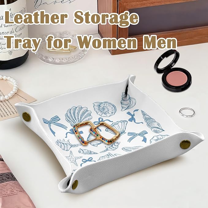 Coastal Preppy Beach Seashell Jewelry Valet Tray for Women, Beach Gifts PU Leather Catchall Beside Caddy Nightstand Organizer Tray for Jewelry Rings Watches Keys and Accessories, 7.87x7.87in
