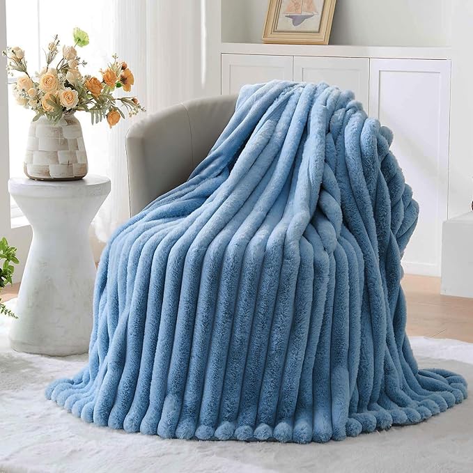 Lotus Karen Faux Fur Twin Blanket for Couch, Cozy Soft Fluffy Fuzzy Blue Blanket, Striped Warm Thick Furry Plush Shaggy Small Blankets for Women, 60x80 Inches