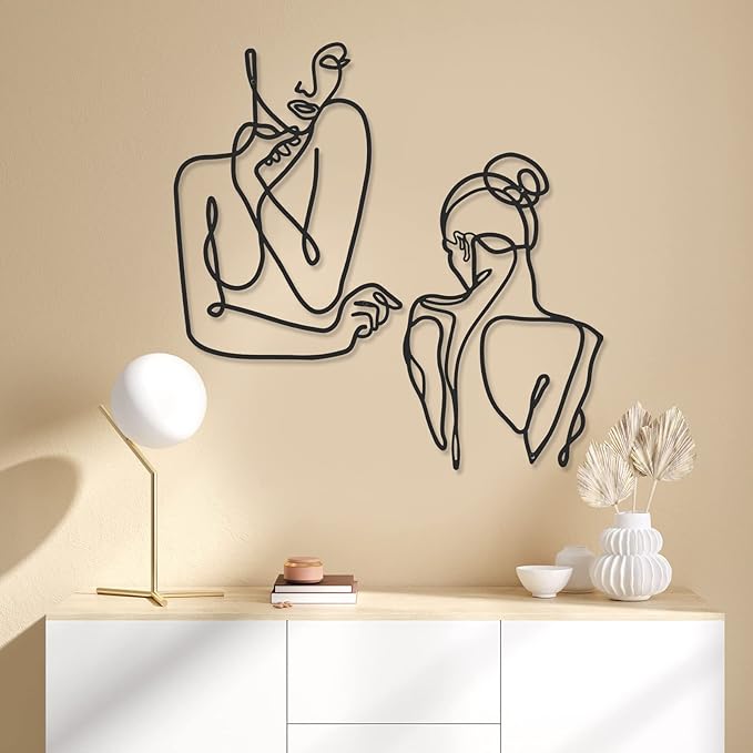 Photect 4 Pieces Metal Wall Art Decor Black Single Line Art Drawing Minimalist Abstract Female Woman Wall Sculptures Hanging Decor Accents for Bathroom Living Room(Classic)