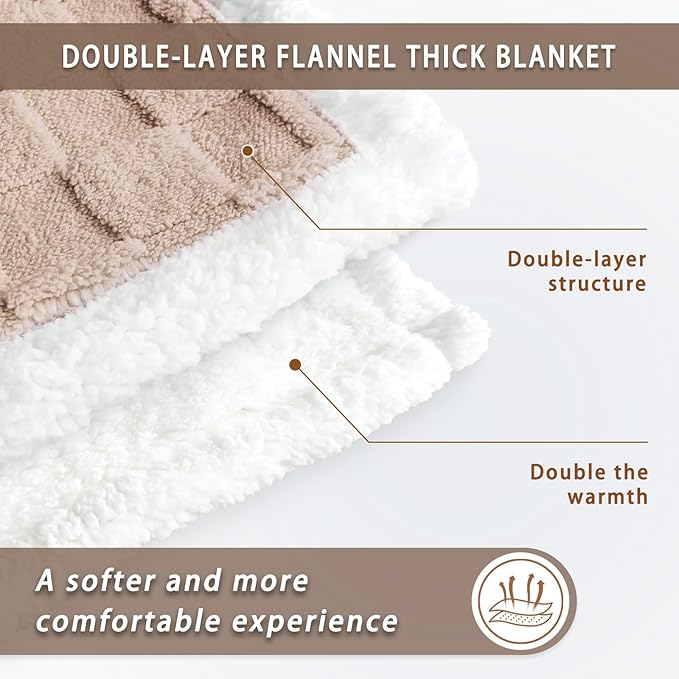 Sherpa Throw Blanket for Couch, Flannel Cozy Soft Thick Blanket for Bed - Fleece, Beige, 60x80 Inches