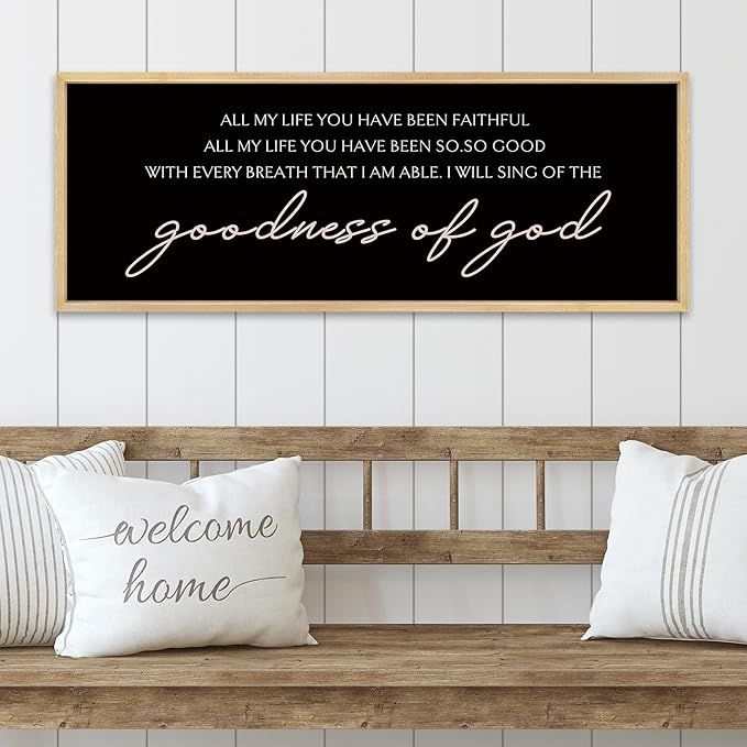 YWMZYKJGS Goodness of God Wall Decor 32"×12" Bible Verse Sign Christian Catholic Scripture Jesus Christ Prayer Large Home Office Wood Framed Wall Hanging Art (Wood)