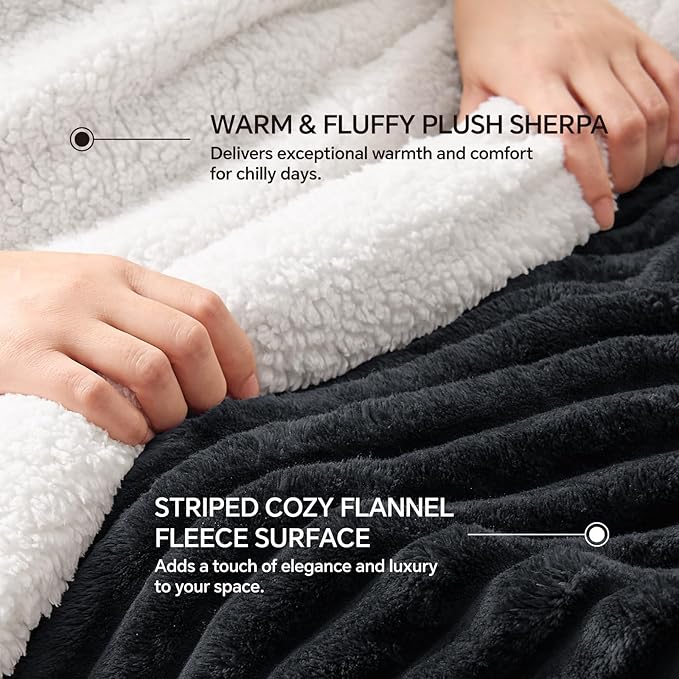 INFIIXSO Sherpa Throw Blanket for Couch - Super Soft & Warm Striped Fleece Blanket, Cozy Plush Fluffy Blanket All Season Use (Black, 50x60 Inches)