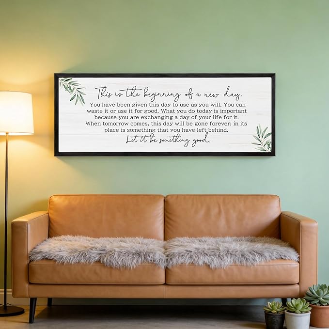 The Beginning of a New Day Wall Art – 40x15 Inch Wooden Framed Inspirational Sign with Motivational Message, Large Rustic Wood Frame Wall Decor for Living Room, Office, Entryway, Black
