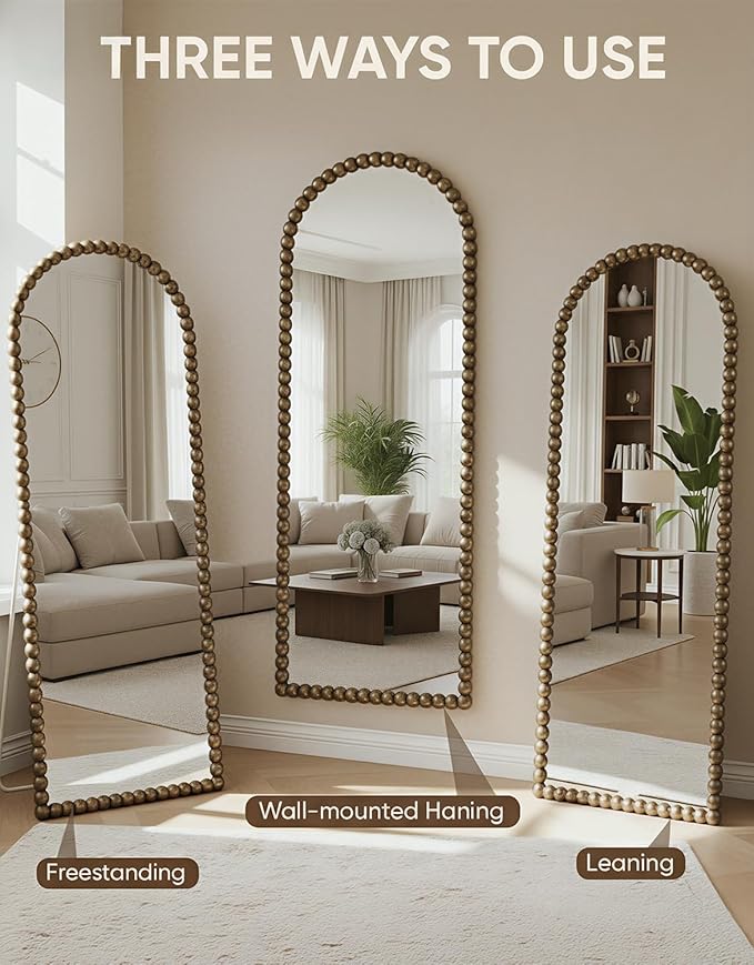 Antok 57" x 21" Arched Full Length Mirror, Antique Beaded Frame Floor Standing or Wall Mounted Mirror with Stand for Bedroom, Entryway, Bronze, Luxury Style
