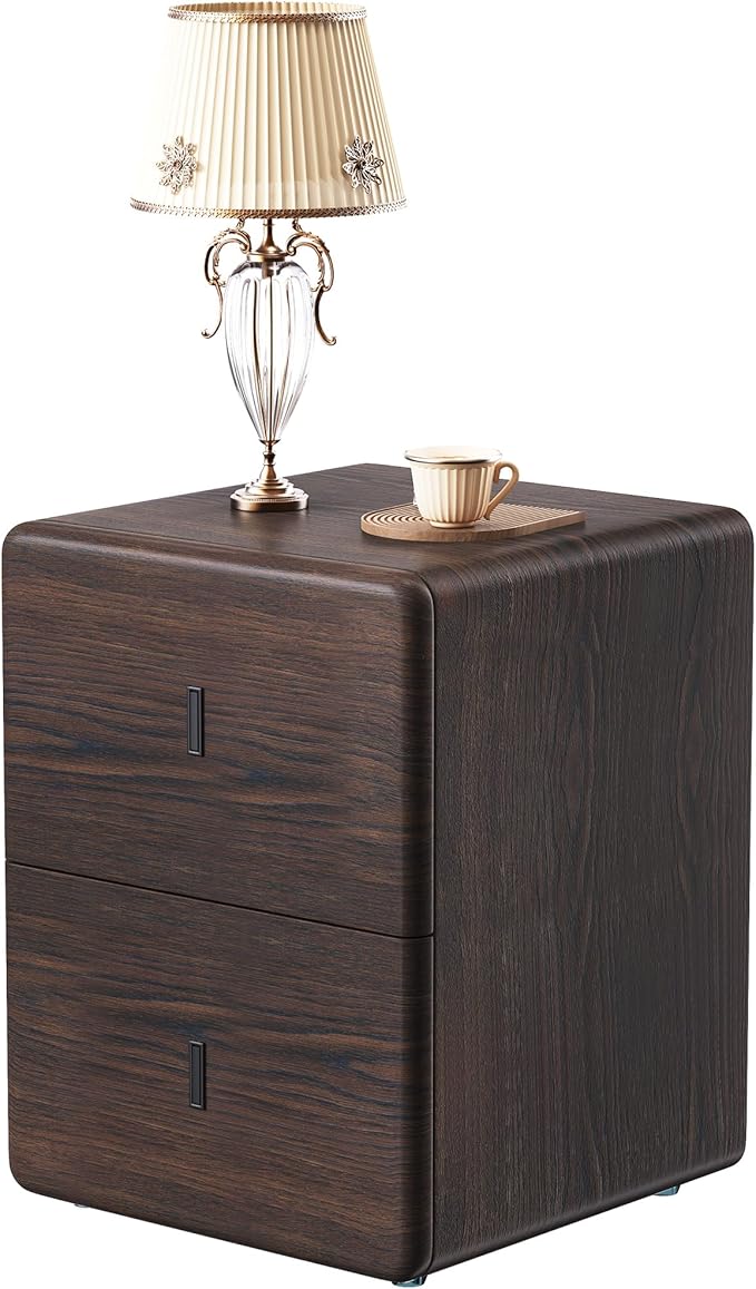 VICITON Narrow Nightstand with Drawers, Faux Leather Bedside Table, Solid Wood Drawer, Small Side Table for Bedroom (Leather Black Walnut, 15.7" x 15.7" x 19.7")