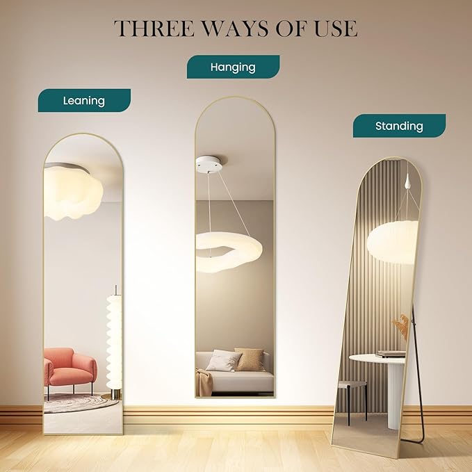 NEWBULIG Arched Full Length Mirror 59.2"x16" for Bedroom, Full Body Mirror with Stand, Hanging or Leaning for Wall, Aluminum Alloy Thin Frame Floor Standing for Living Room, Tall, Gold